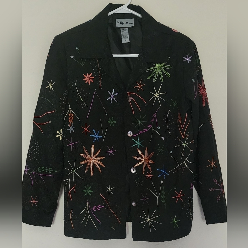 Indigo Moon Women's Black Embellished Jacket Button Close Shoulder Pads Lined-S